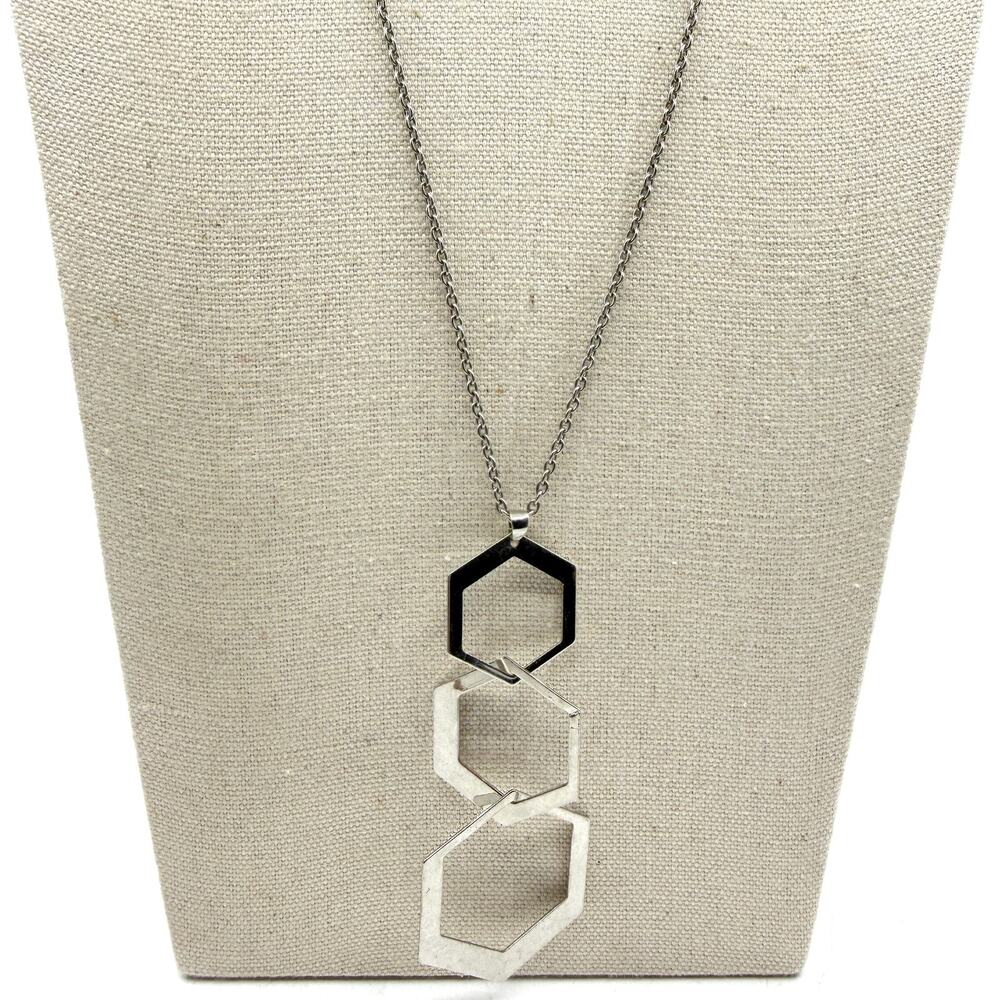 Geometric Hexagon Link Pendant Necklace Silver Tone Minimalist Statement Jewelry